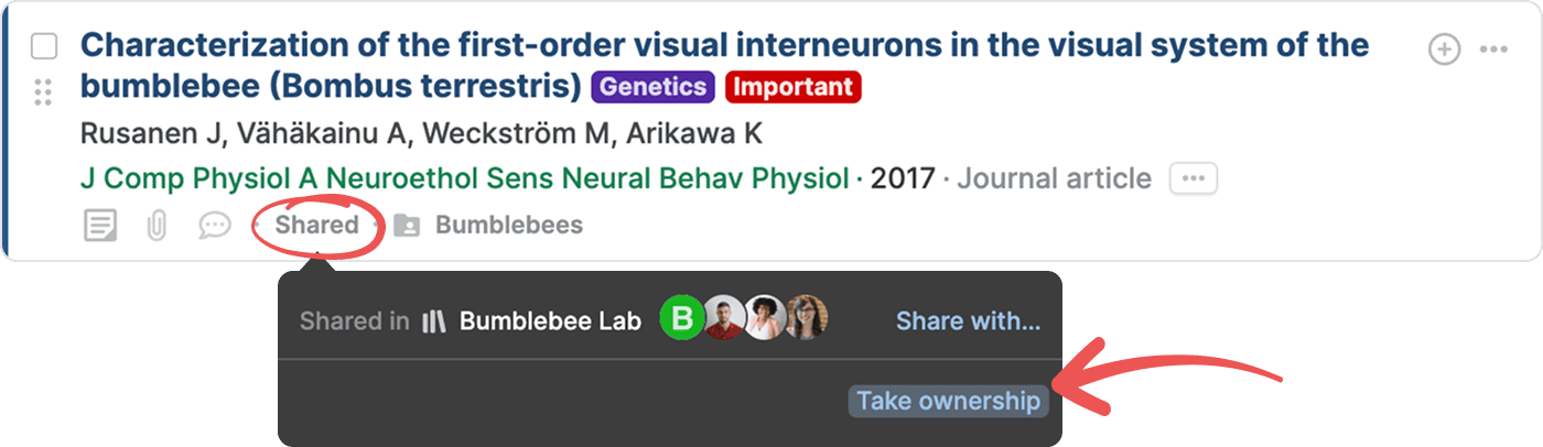 A reference with the circled Shared button open, showing “Shared in Bumblebee Lab” and an arrow pointing to a highlighted “Take ownership” button.